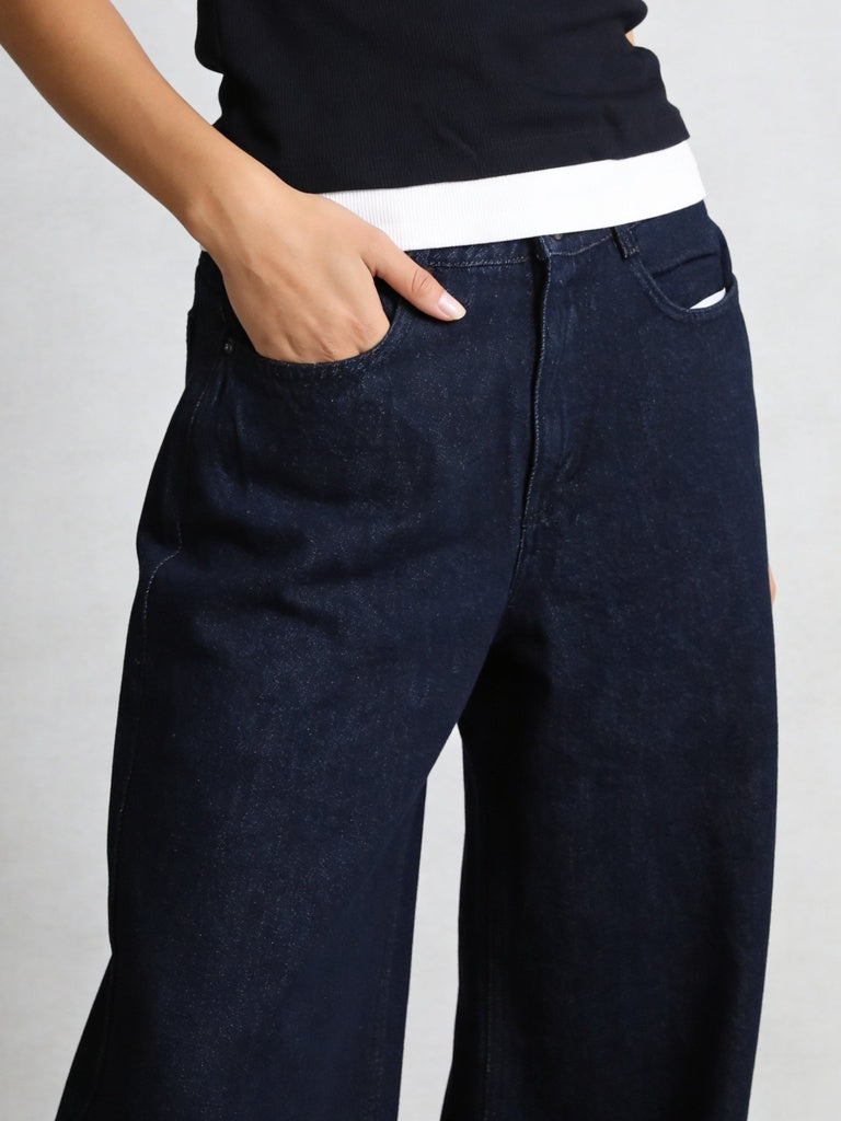 Wardrobe Indigo Solid Mid-Rise Barrel Fit Denim Trousers