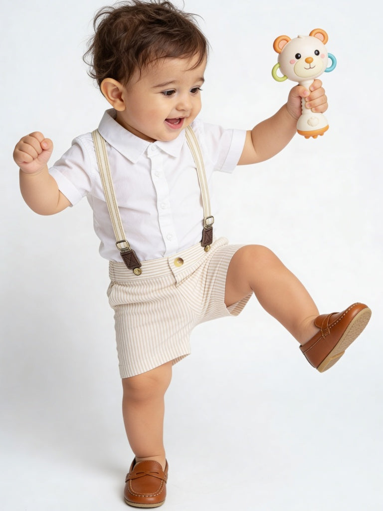 HOP Baby Boys Beige Striped Cotton Shorts, Shirt and Suspenders Set