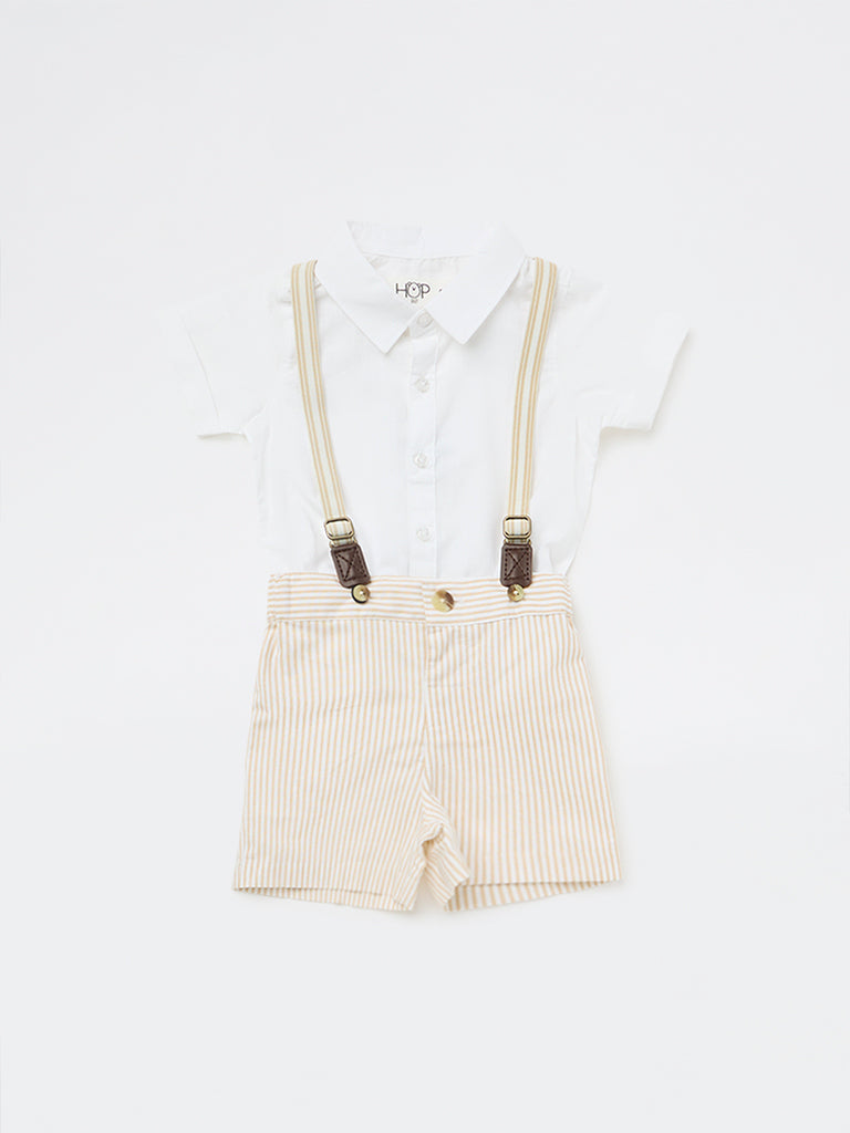 HOP Baby Boys Beige Striped Cotton Shorts, Shirt and Suspenders Set