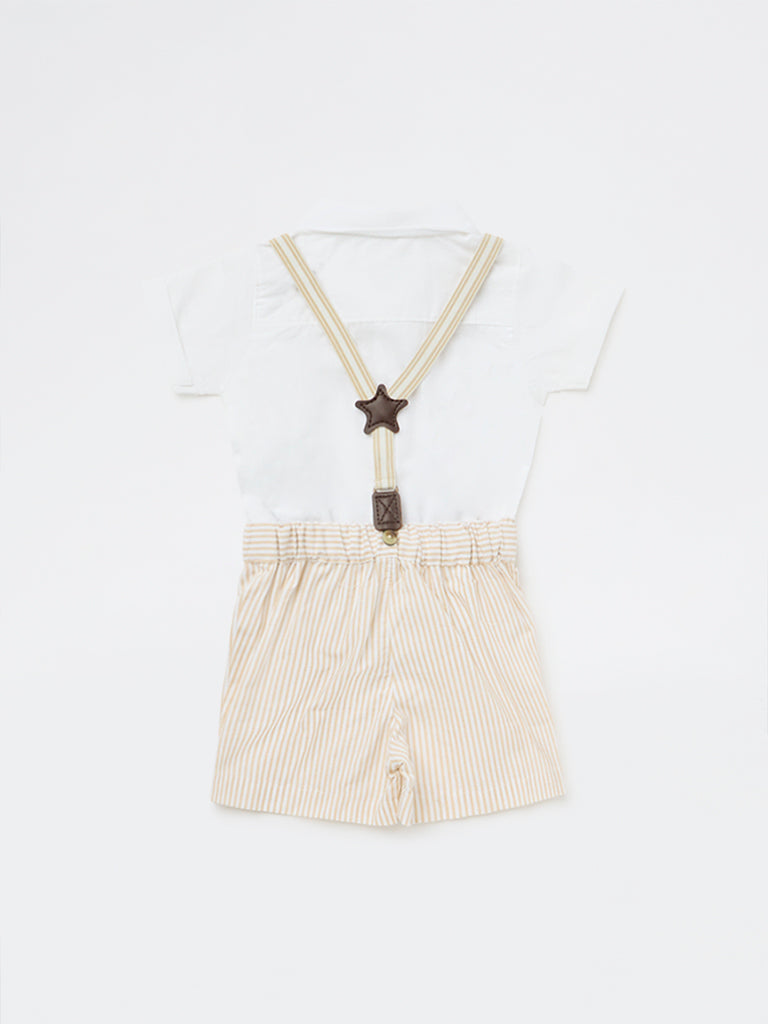 HOP Baby Boys Beige Striped Cotton Shorts, Shirt and Suspenders Set