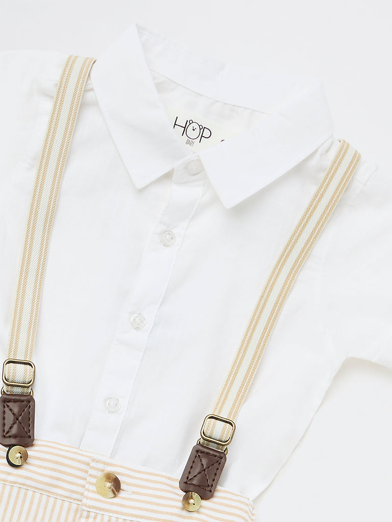 HOP Baby Boys Beige Striped Cotton Shorts, Shirt and Suspenders Set