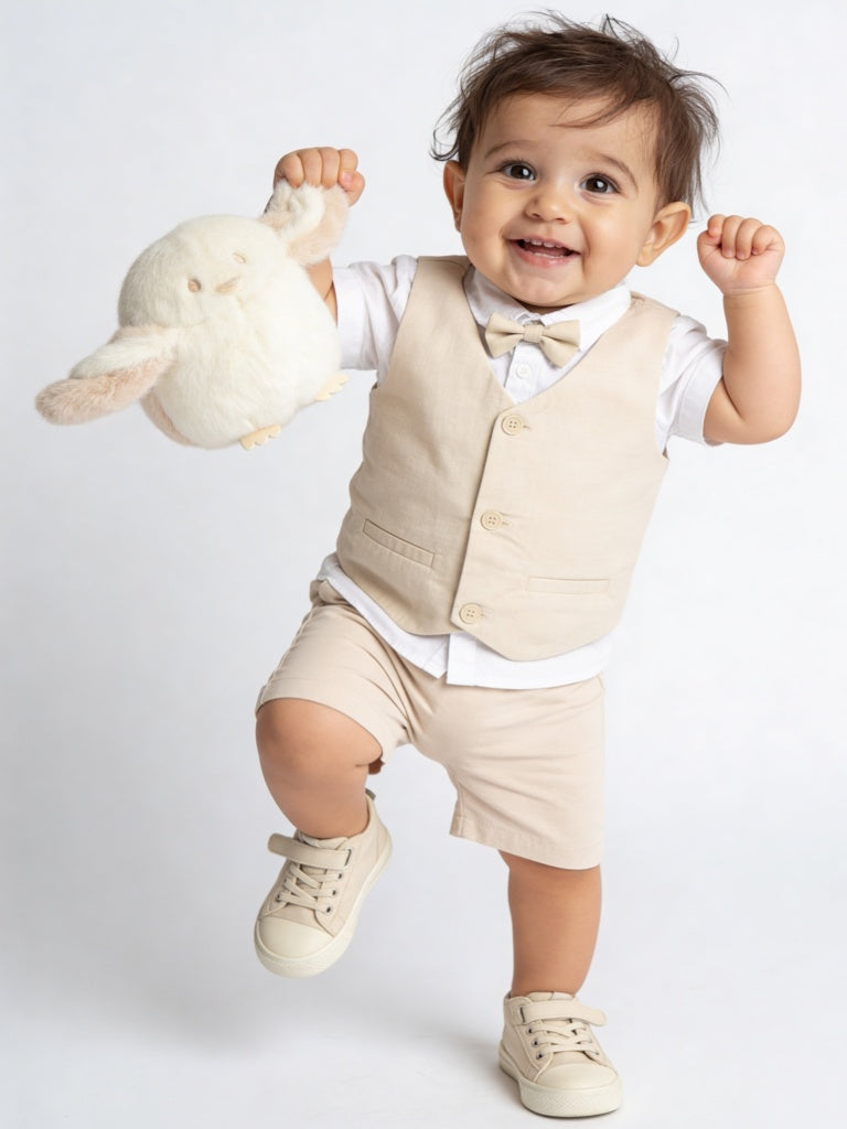 HOP Baby Boys Beige Cotton Shirt, Waistcoat, Shorts & Bow Set