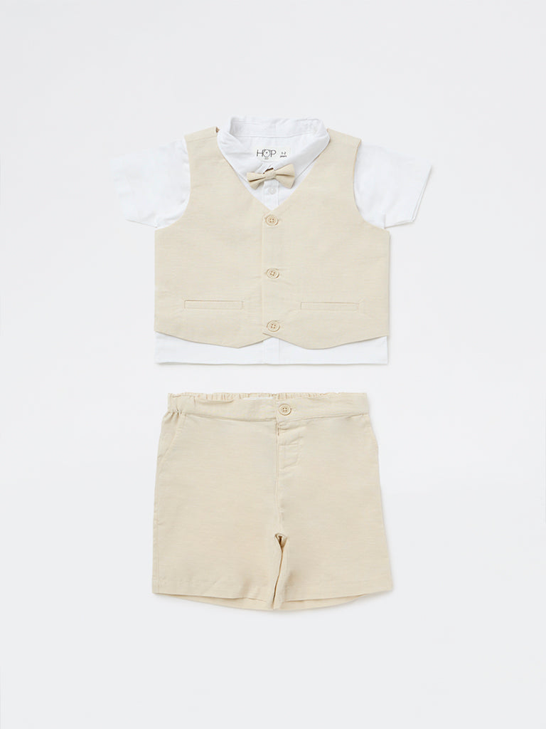 HOP Baby Boys Beige Cotton Shirt, Waistcoat, Shorts & Bow Set