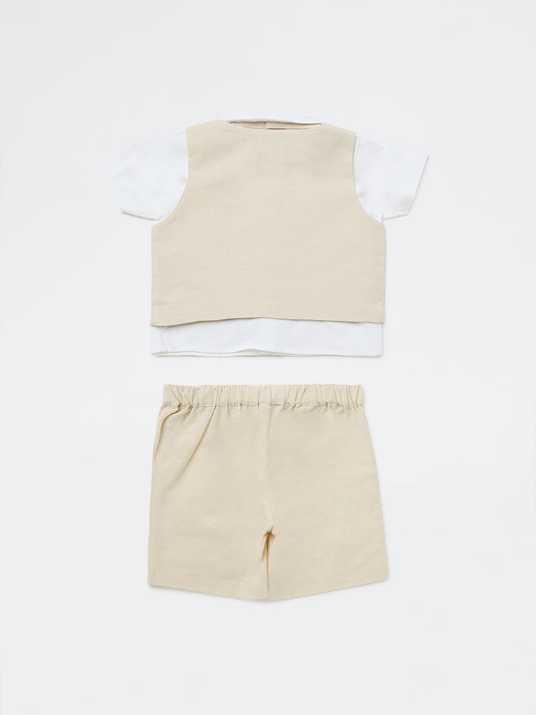 HOP Baby Boys Beige Cotton Shirt, Waistcoat, Shorts & Bow Set