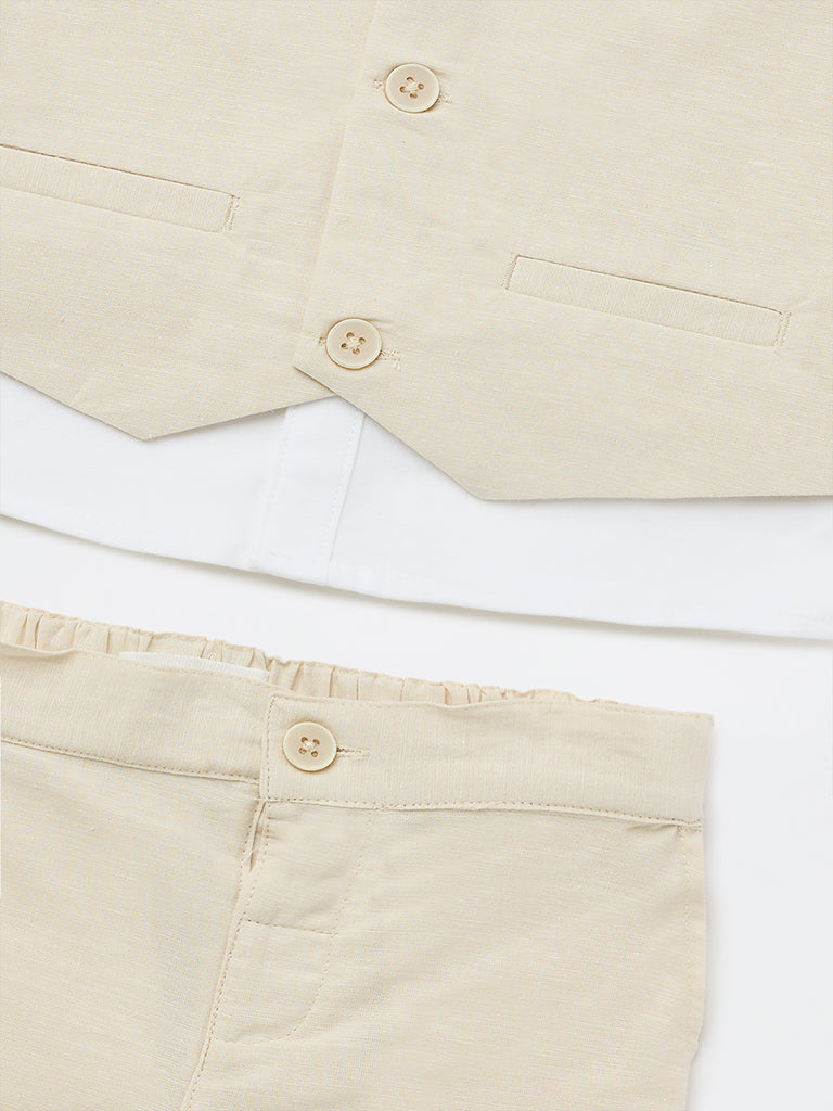 HOP Baby Boys Beige Cotton Shirt, Waistcoat, Shorts & Bow Set