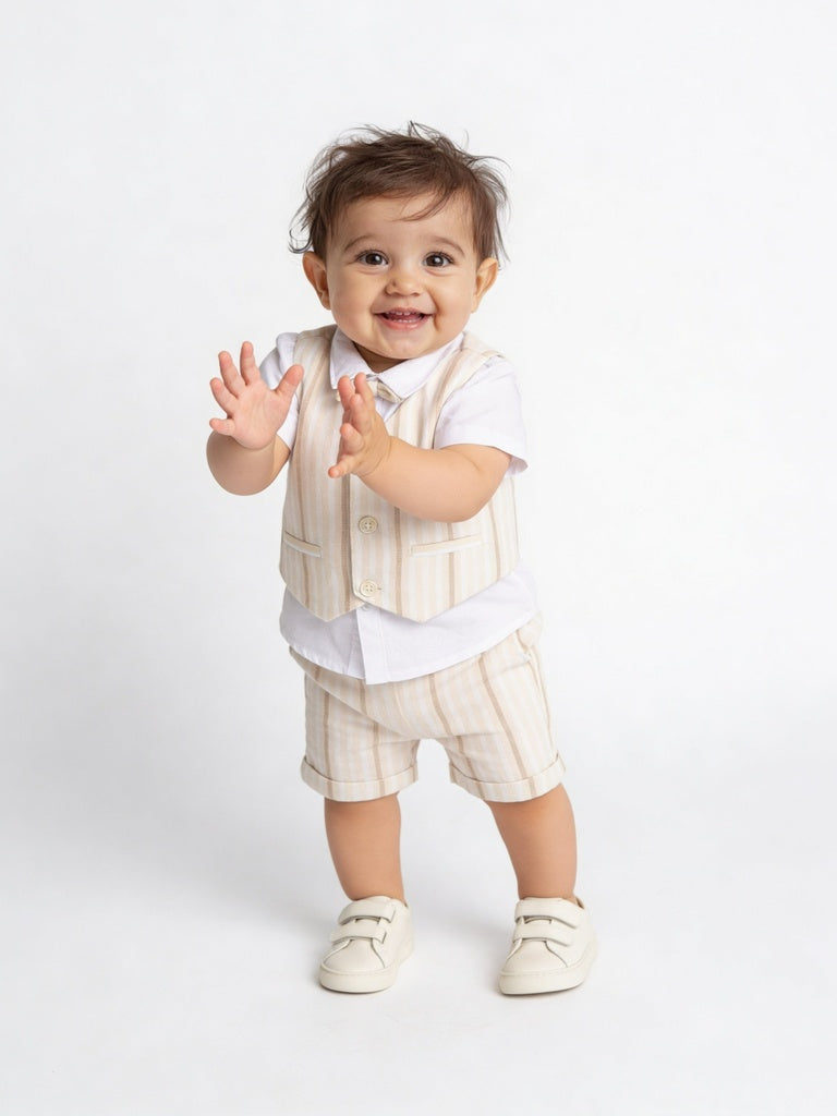 HOP Baby Boys Multicolour Striped Cotton T-Shirt, Shorts, Waistcoat and Bow Set