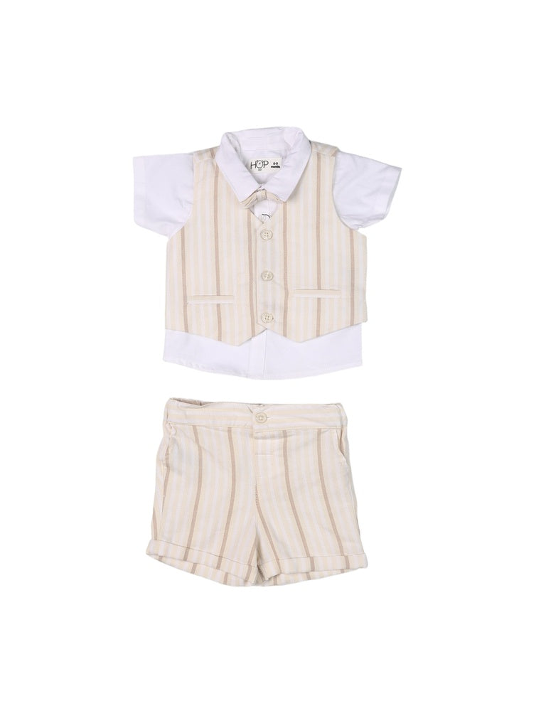 HOP Baby Boys Multicolour Striped Cotton T-Shirt, Shorts, Waistcoat and Bow Set