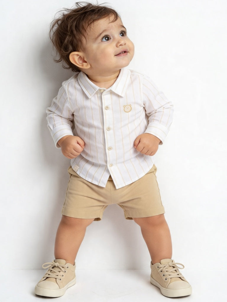 HOP Baby Boys White Cotton-Blend Shirt and Shorts Set
