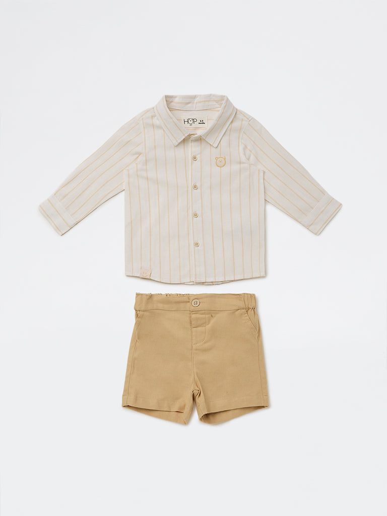 HOP Baby Boys White Cotton-Blend Shirt and Shorts Set