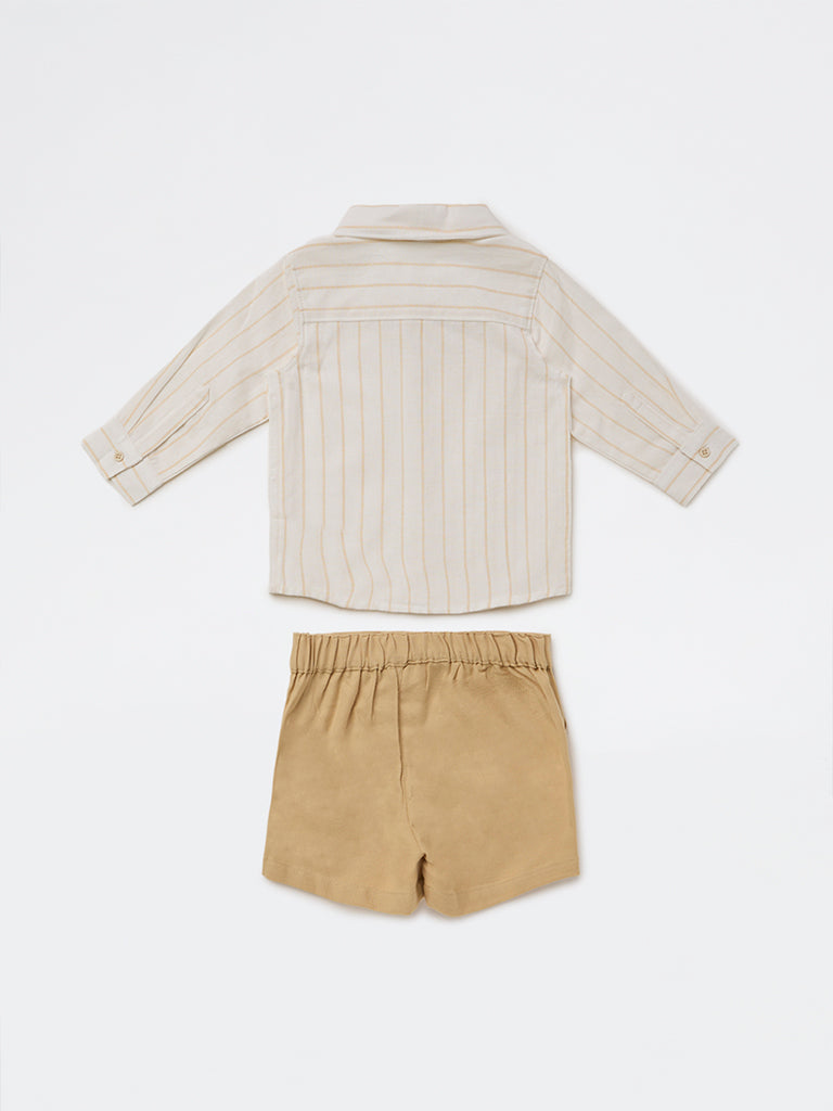 HOP Baby Boys White Cotton-Blend Shirt and Shorts Set