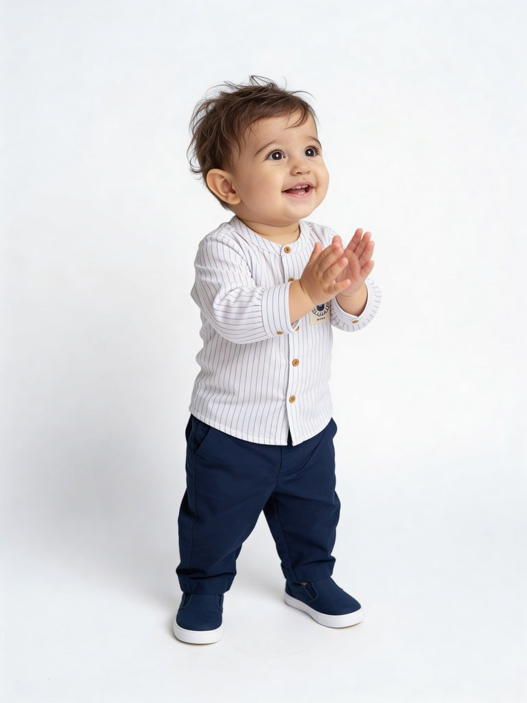 HOP Baby Boys White Striped Cotton Shirt and Trouser Set