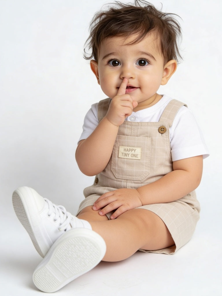 HOP Baby Boys Beige Checkered Cotton-Blend Dungaree and T-Shirt Set