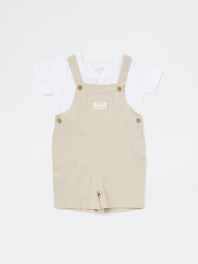 HOP Baby Boys Beige Checkered Cotton-Blend Dungaree and T-Shirt Set