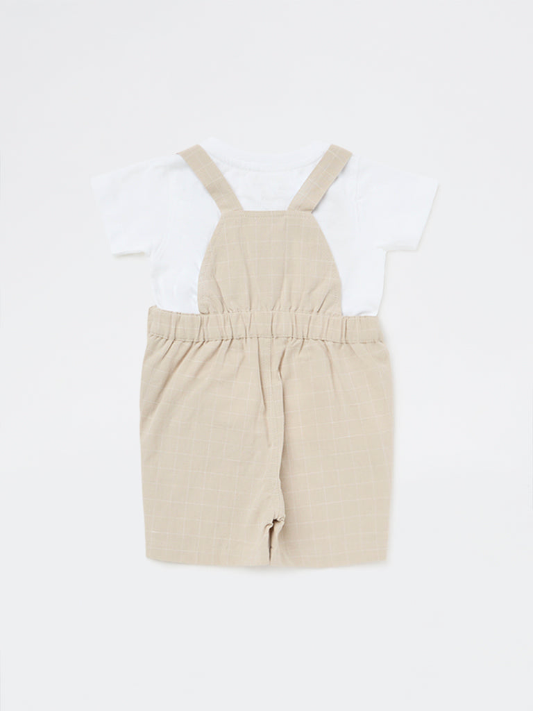 HOP Baby Boys Beige Checkered Cotton-Blend Dungaree and T-Shirt Set