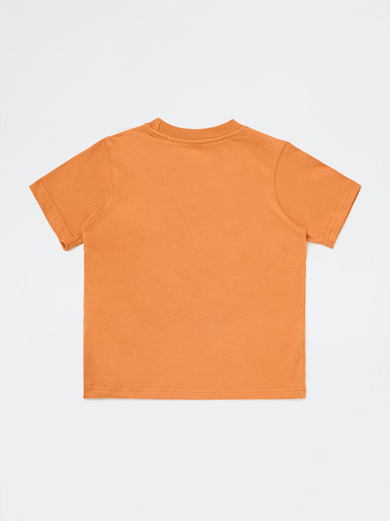 HOP Kids Boys Orange Printed Cotton T-Shirt