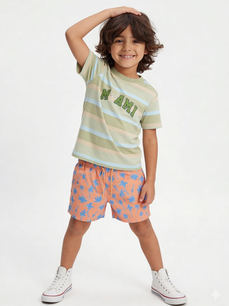 HOP Kids Boys Sage Green Striped Cotton T-Shirt