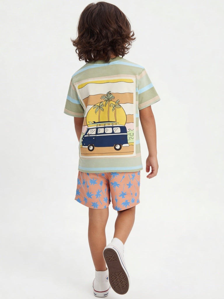 HOP Kids Boys Sage Green Striped Cotton T-Shirt