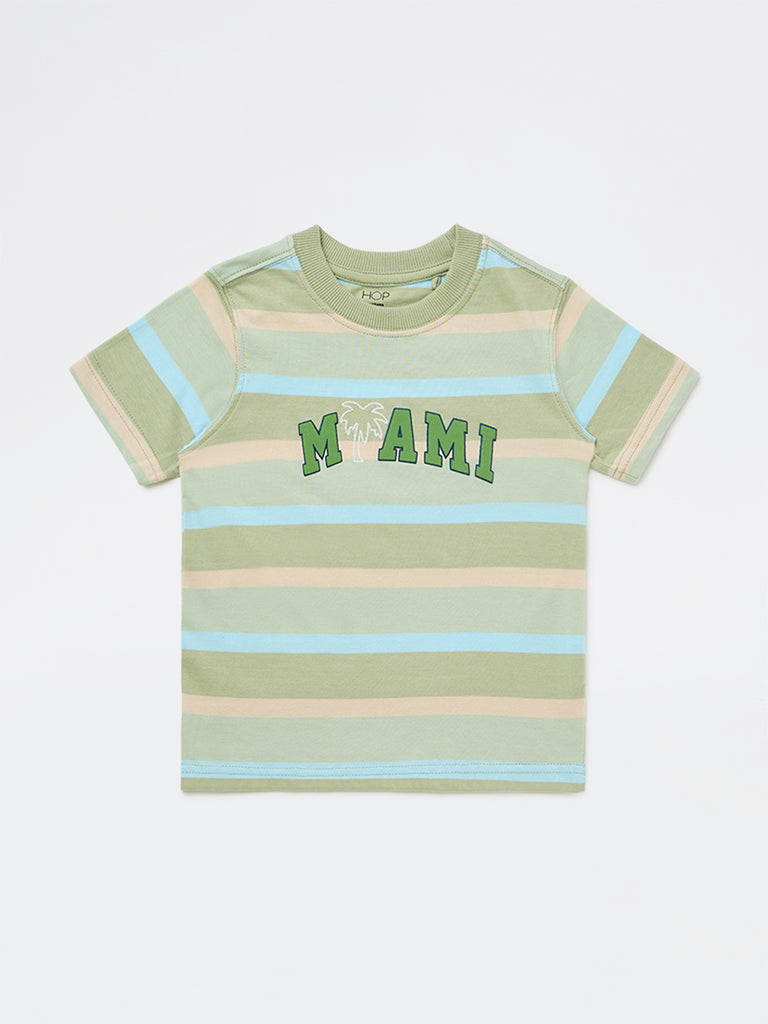 HOP Kids Boys Sage Green Striped Cotton T-Shirt