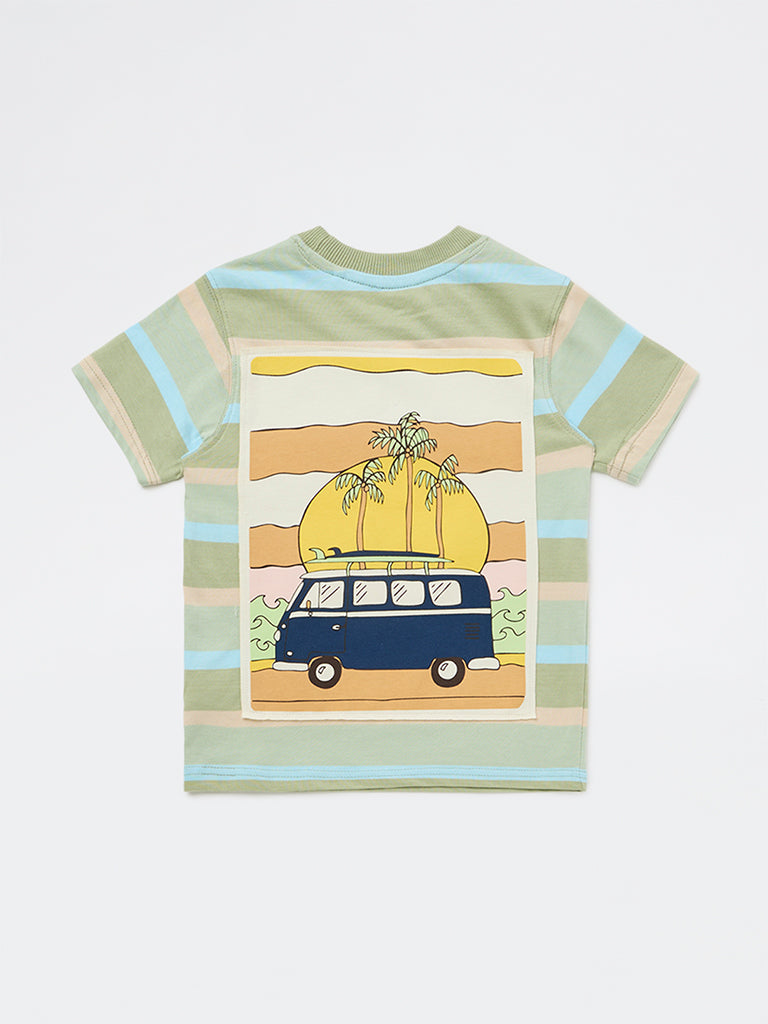 HOP Kids Boys Sage Green Striped Cotton T-Shirt