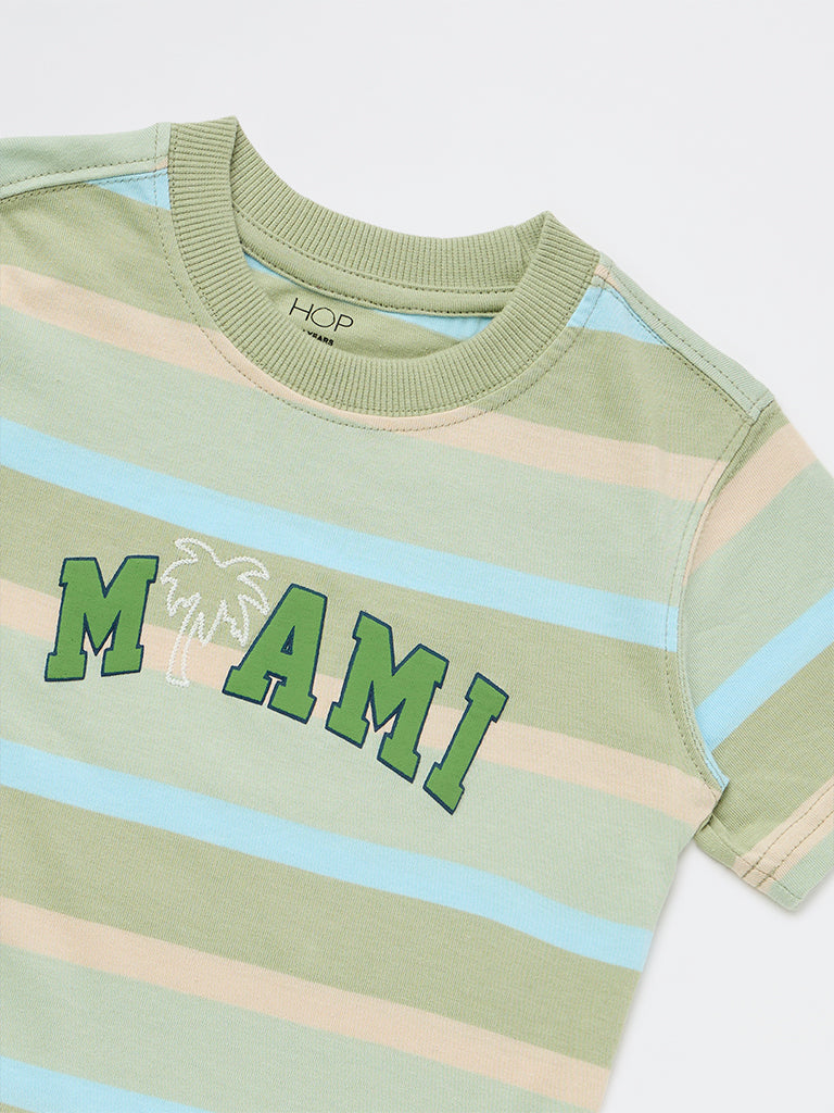 HOP Kids Boys Sage Green Striped Cotton T-Shirt
