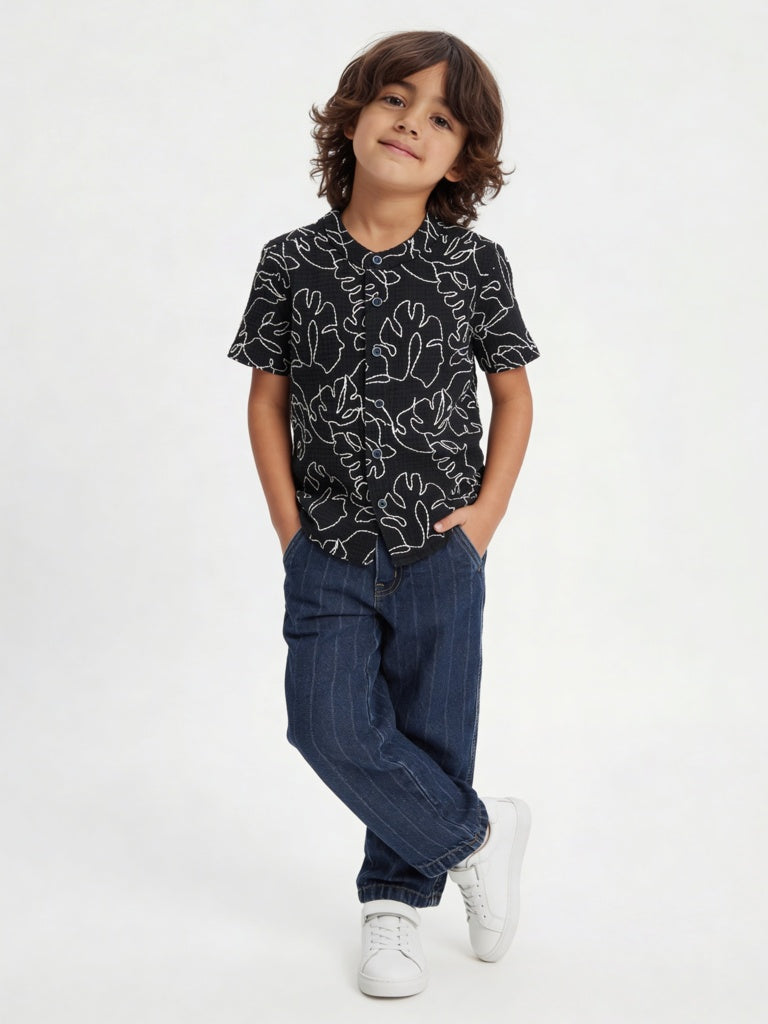 HOP Kids Boys Dark Blue Striped Relaxed-Fit Mid-Rise Jeans