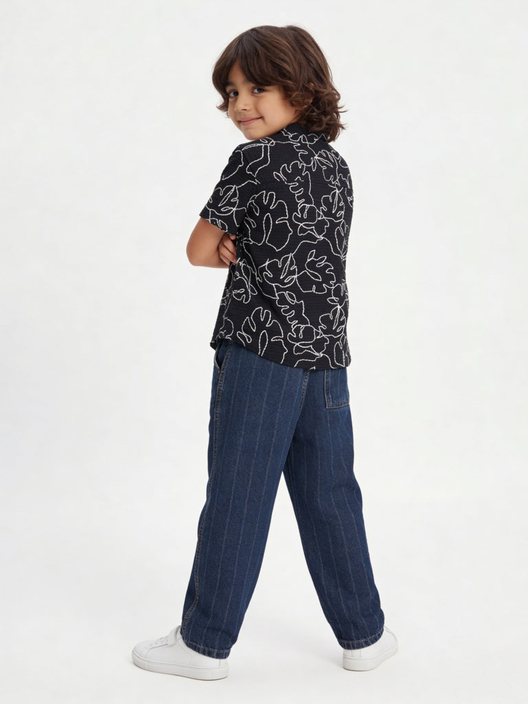 HOP Kids Boys Dark Blue Striped Relaxed-Fit Mid-Rise Jeans
