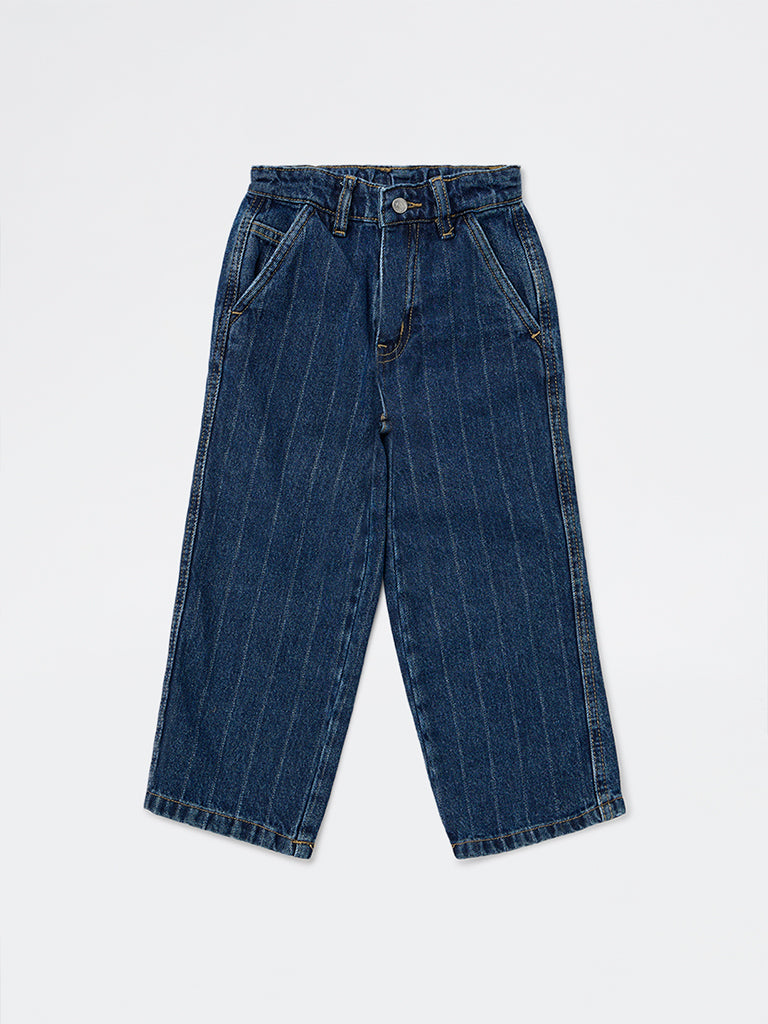 HOP Kids Boys Dark Blue Striped Relaxed-Fit Mid-Rise Jeans