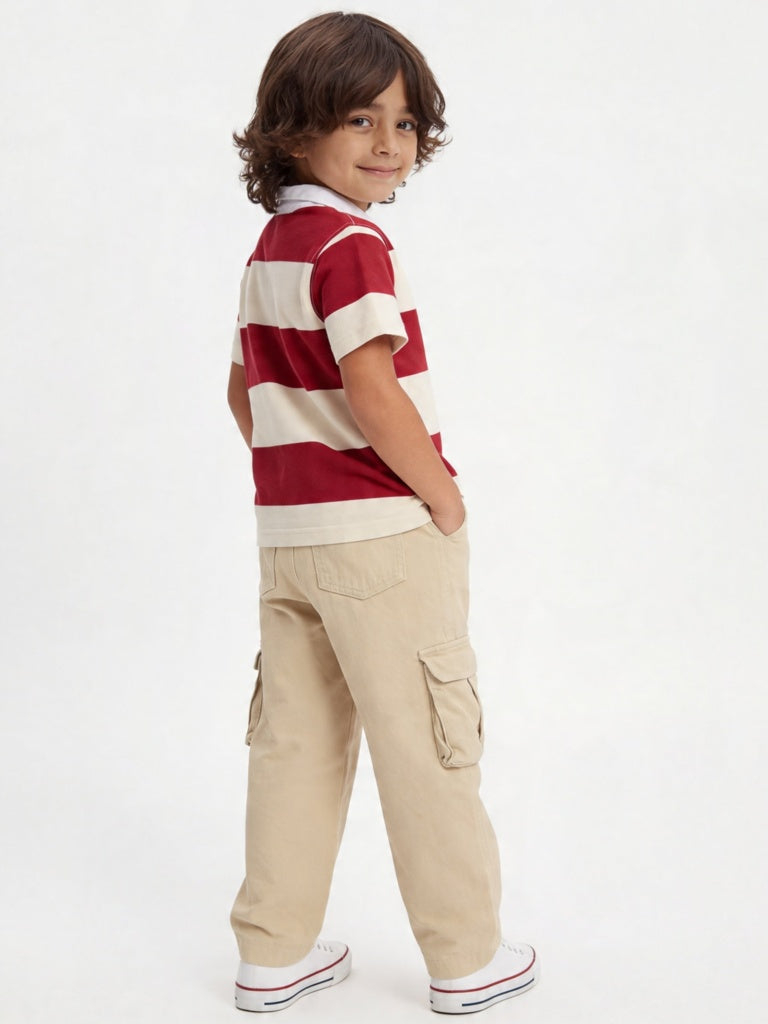 HOP Kids Boys Red Striped Cotton Polo T-Shirt