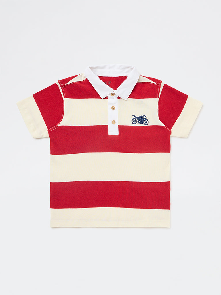 HOP Kids Boys Red Striped Cotton Polo T-Shirt