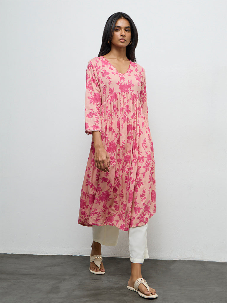 Utsa Pink Floral Printed A-Line Kurta