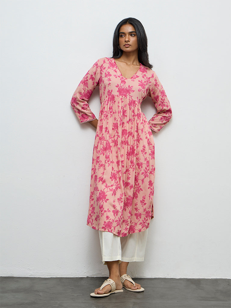 Utsa Pink Floral Printed A-Line Kurta