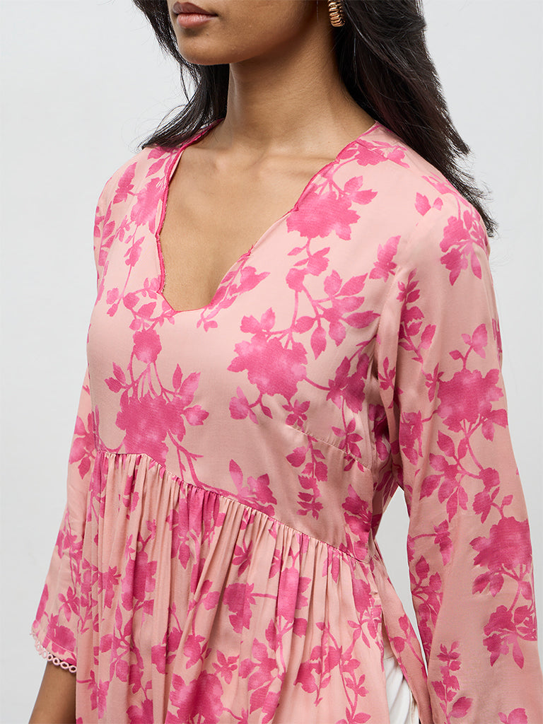 Utsa Pink Floral Printed A-Line Kurta