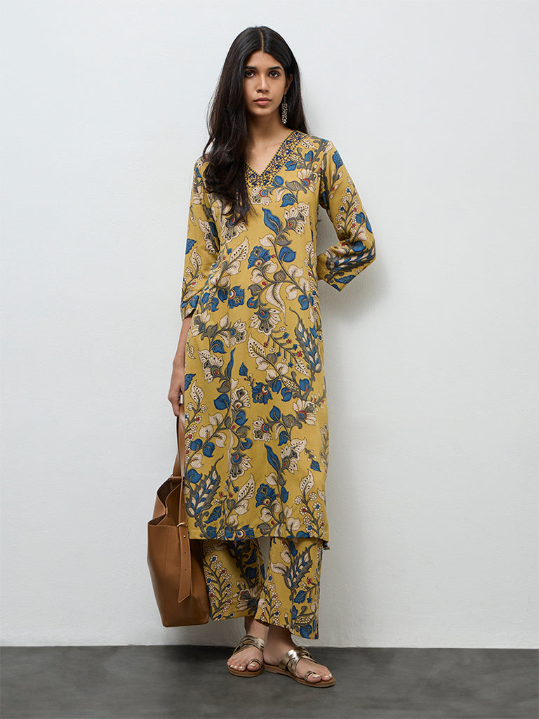 Utsa Yellow Floral Printed A-Line Kurta