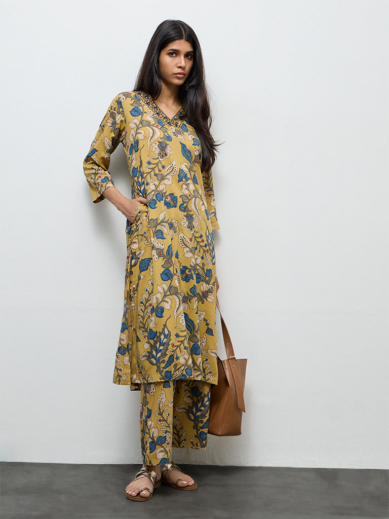 Utsa Yellow Floral Printed A-Line Kurta