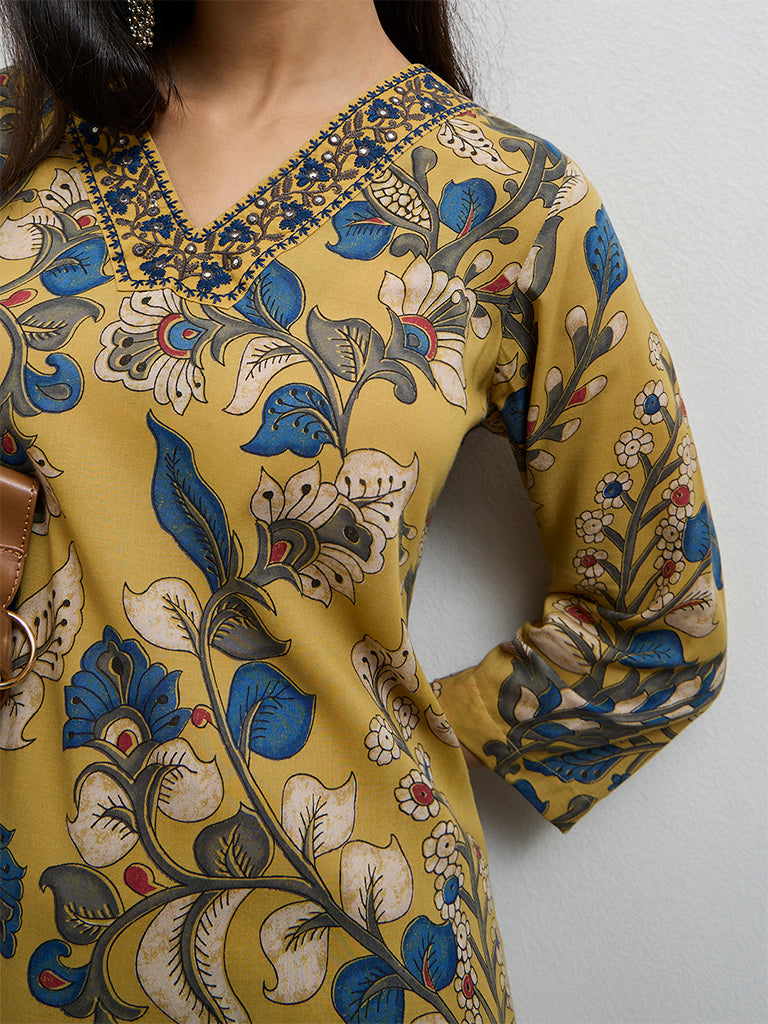 Utsa Yellow Floral Printed A-Line Kurta