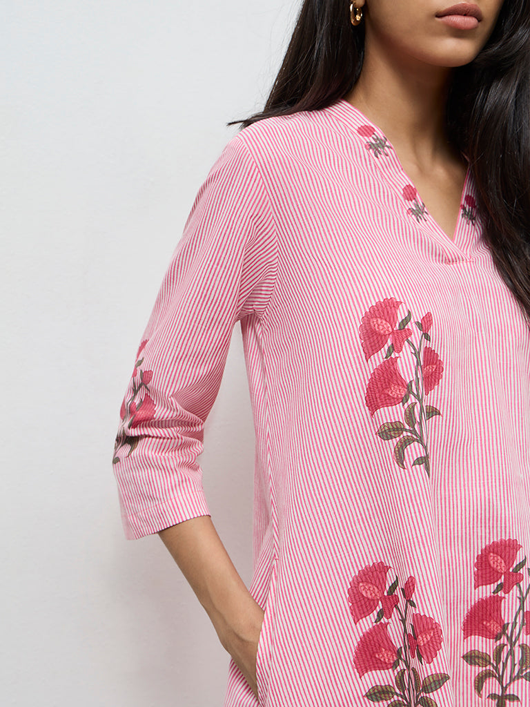 Utsa Pink Printed Cotton A-Line Kurta