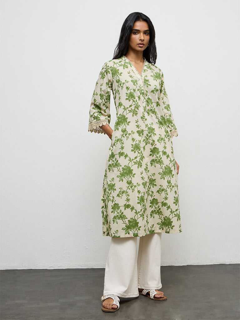 Utsa Green Foliage Printed Cotton A-Line Kurta