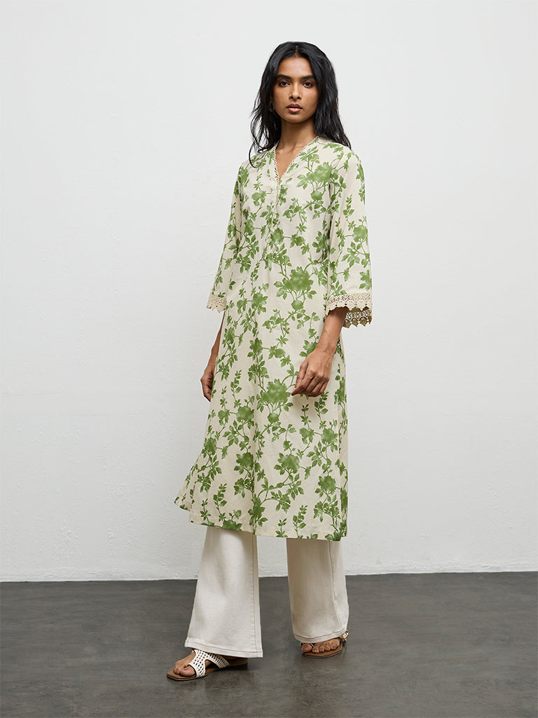 Utsa Green Foliage Printed Cotton A-Line Kurta