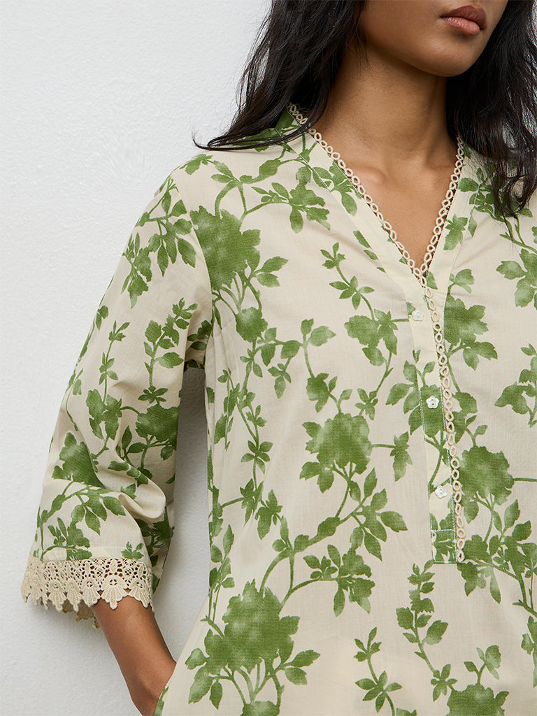 Utsa Green Foliage Printed Cotton A-Line Kurta
