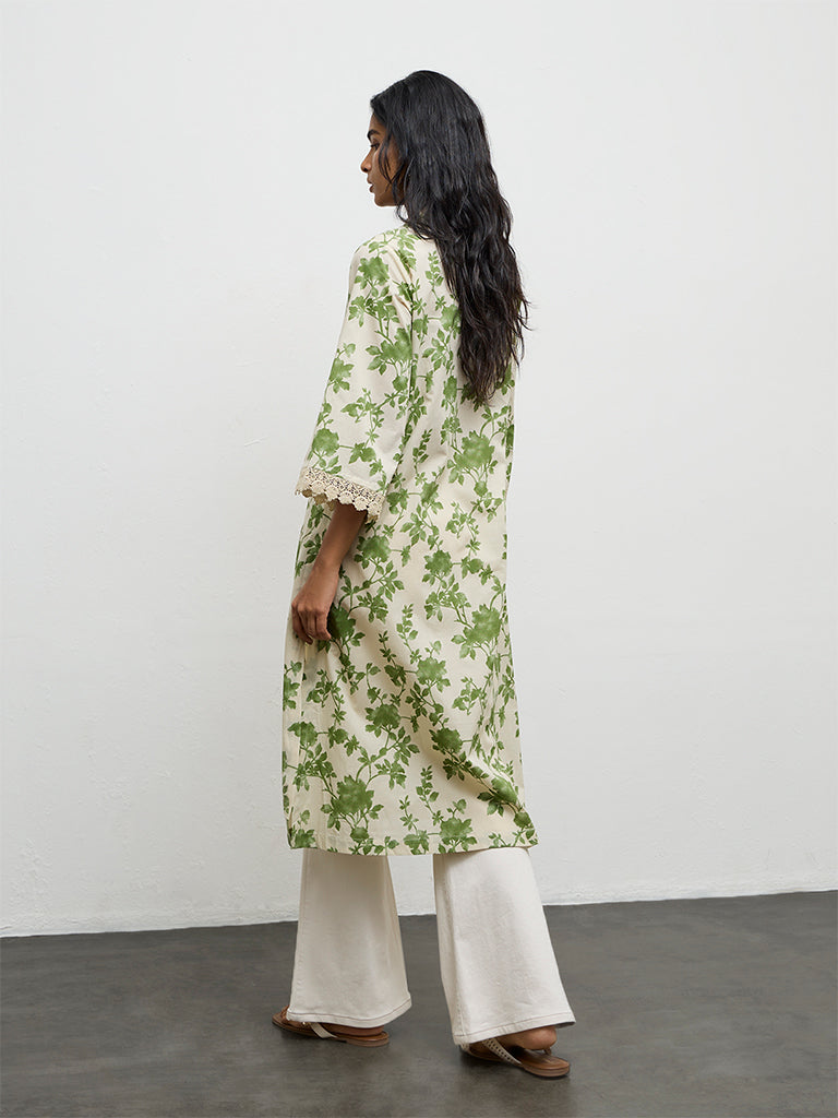 Utsa Green Foliage Printed Cotton A-Line Kurta