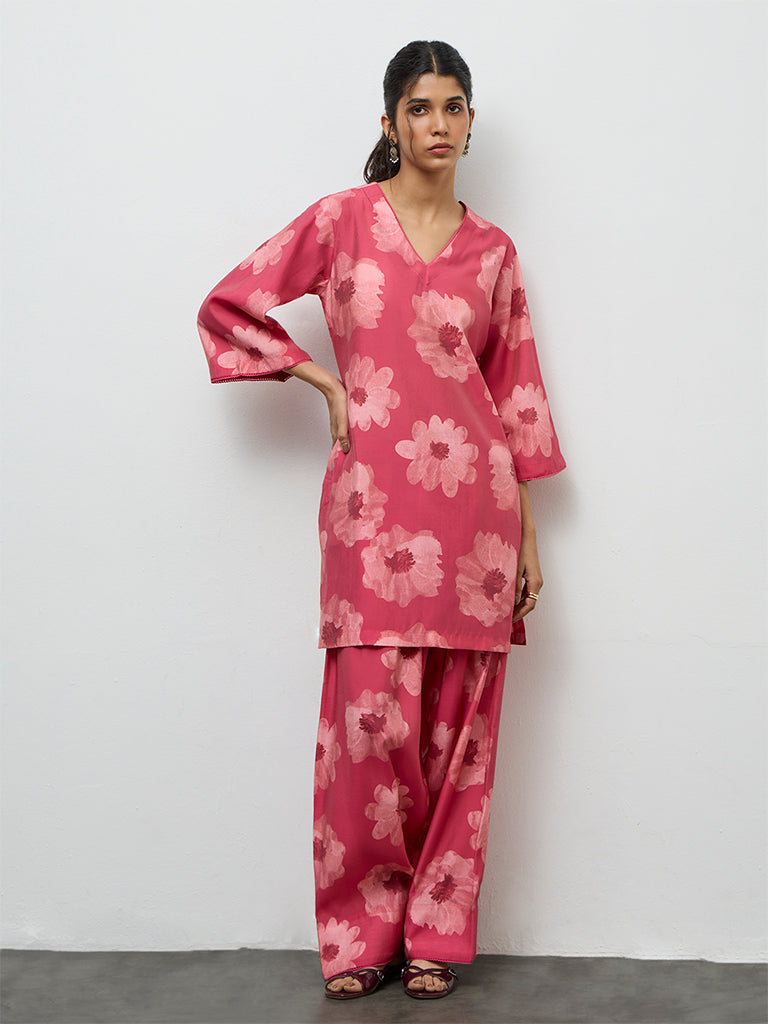 Utsa Pink Floral Pattern A-Line Kurta