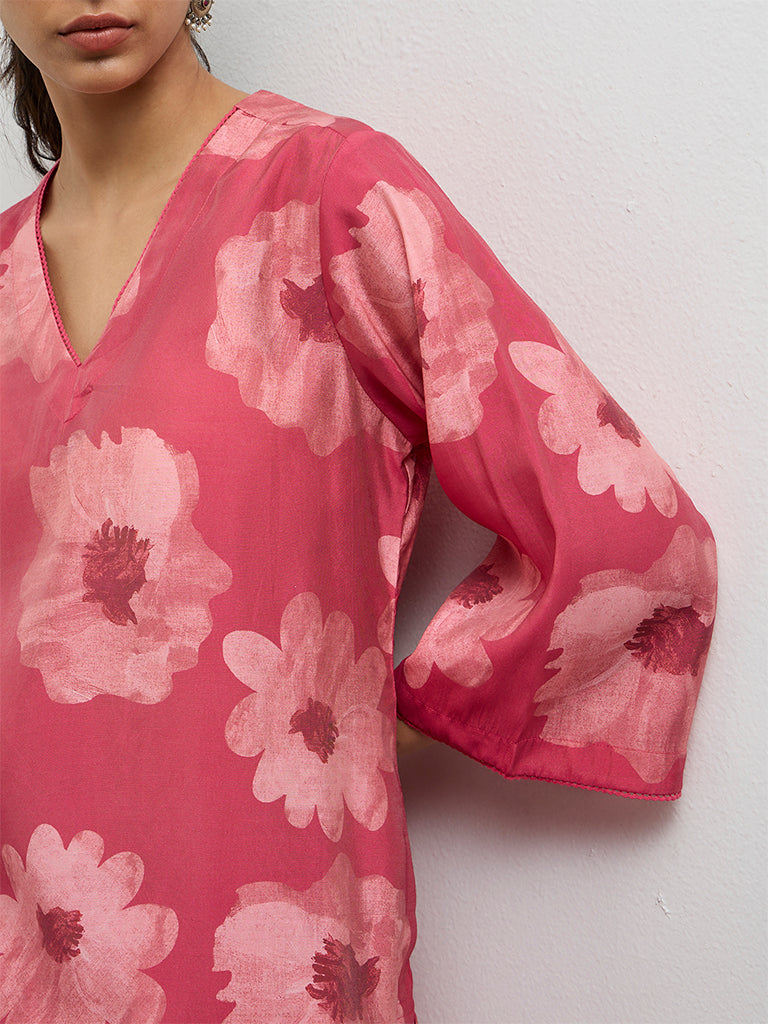 Utsa Pink Floral Pattern A-Line Kurta