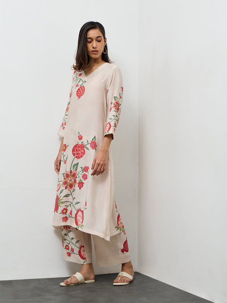 Utsa Light Beige Anar Printed A-Line Kurta