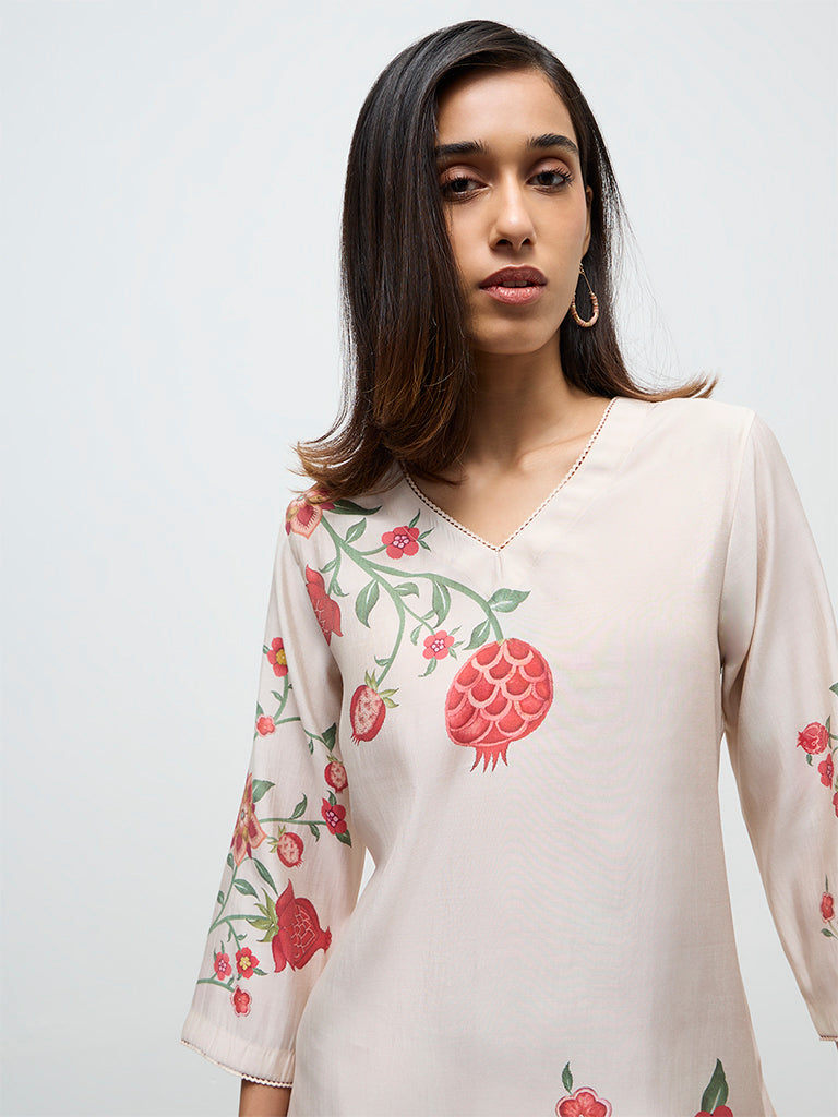Utsa Light Beige Anar Printed A-Line Kurta