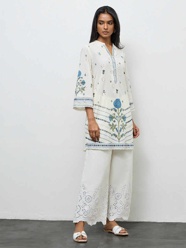 Utsa Off-White Floral Printed Cotton Kurti