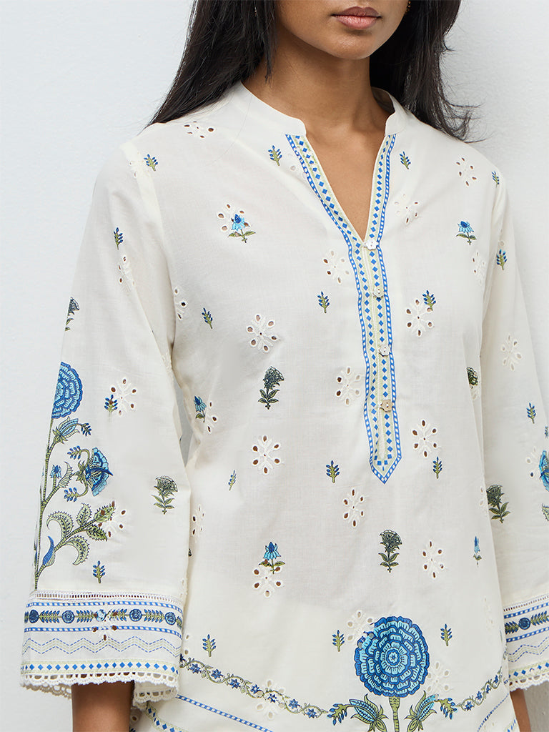 Utsa Off-White Floral Printed Cotton Kurti