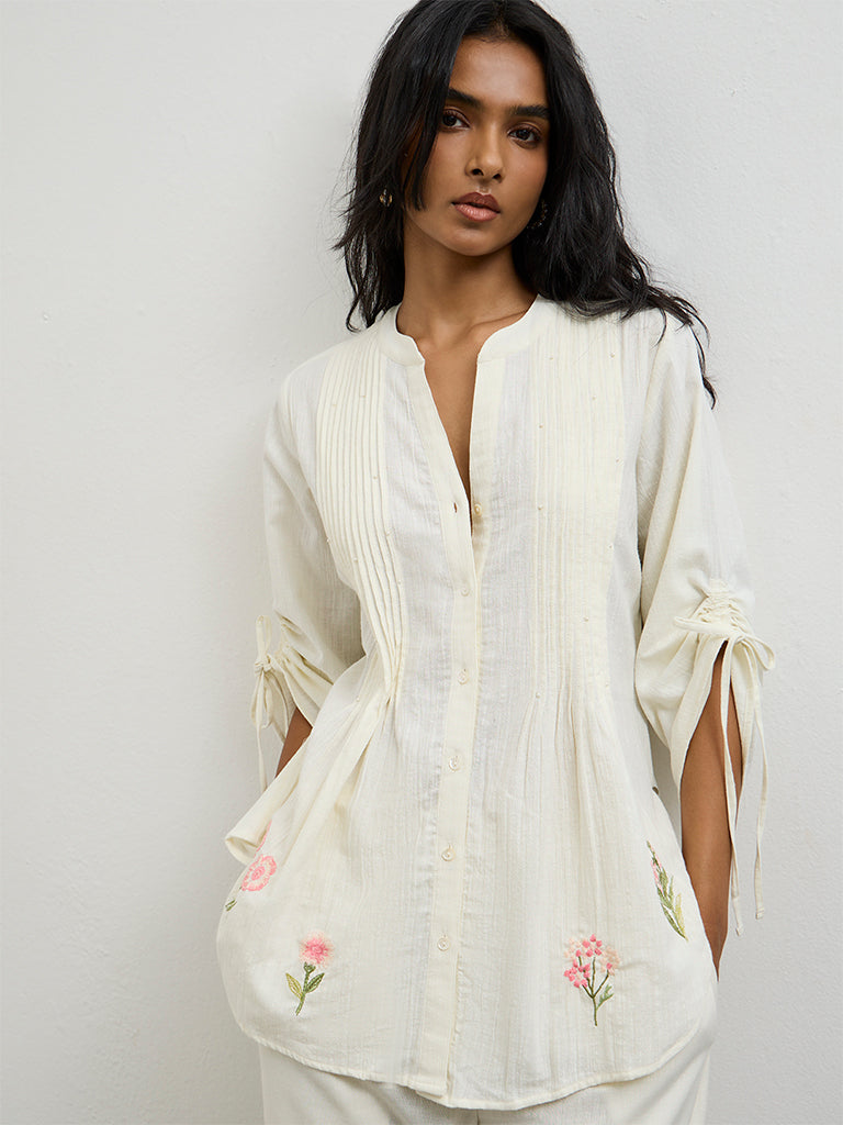 Utsa Off-White Floral Embroidered Cotton-Blend Tunic