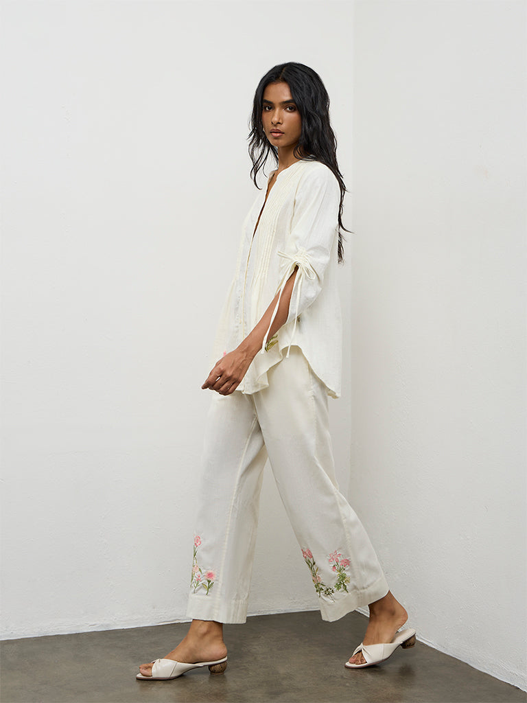 Utsa Off-White Floral Embroidered Cotton-Blend Tunic