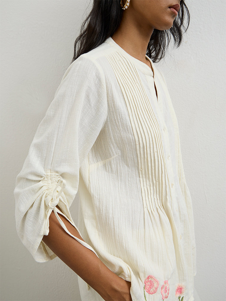 Utsa Off-White Floral Embroidered Cotton-Blend Tunic