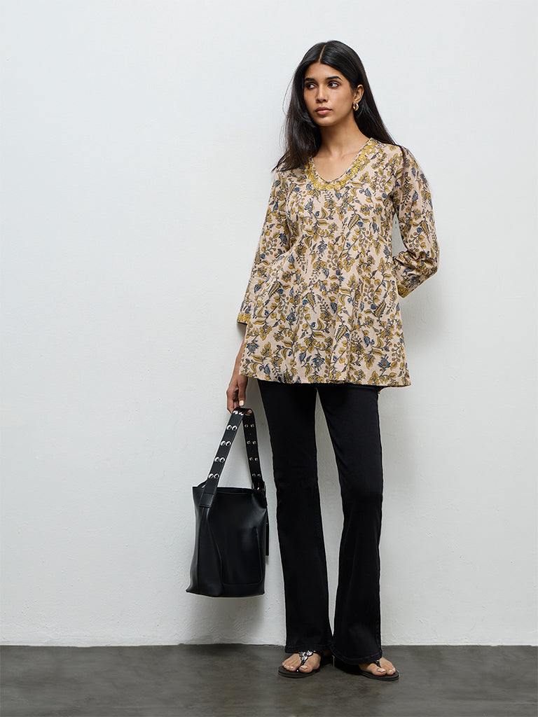 Buy Utsa Beige Floral Printed Cotton Tunic from Westside